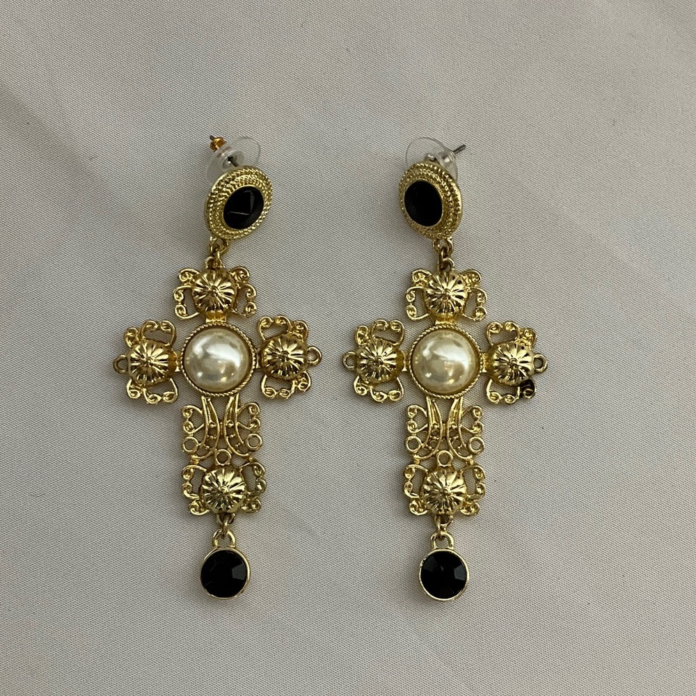 Ornate Gold and Black Cross Earrings